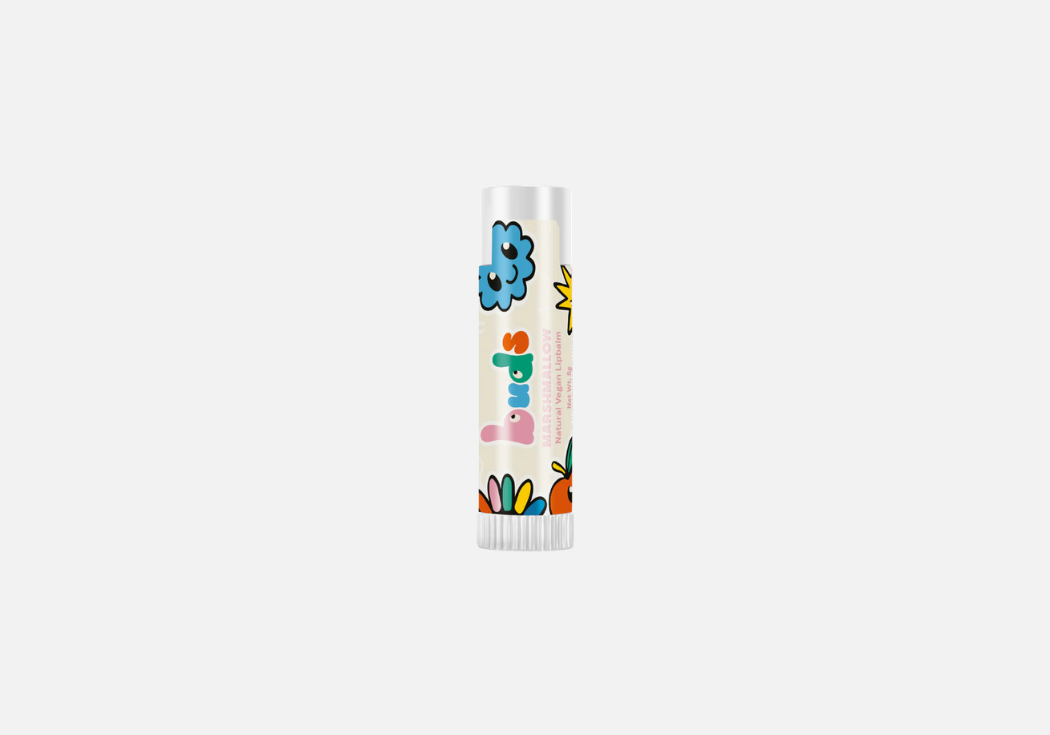 Lip balm with colorful designs on a white background