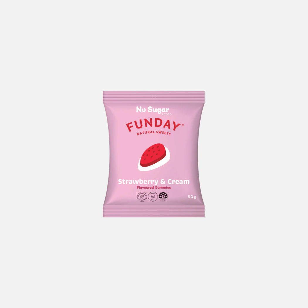 Pink package of Funday strawberry and cream flavor on a white background