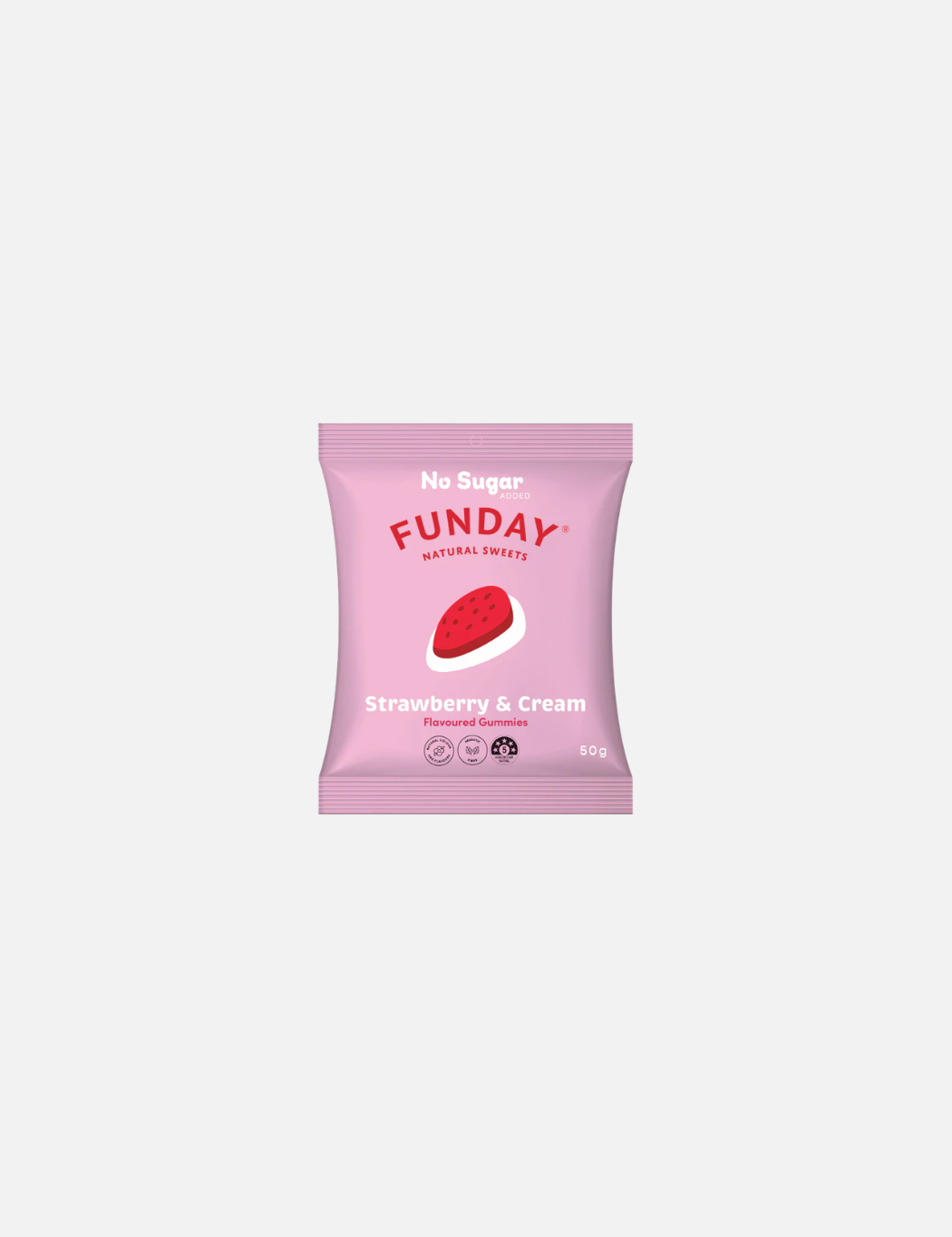 Pink package of Funday strawberry and cream flavor on a white background