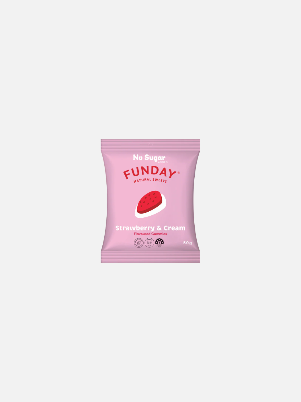 Pink package of Funday strawberry and cream flavor on a white background