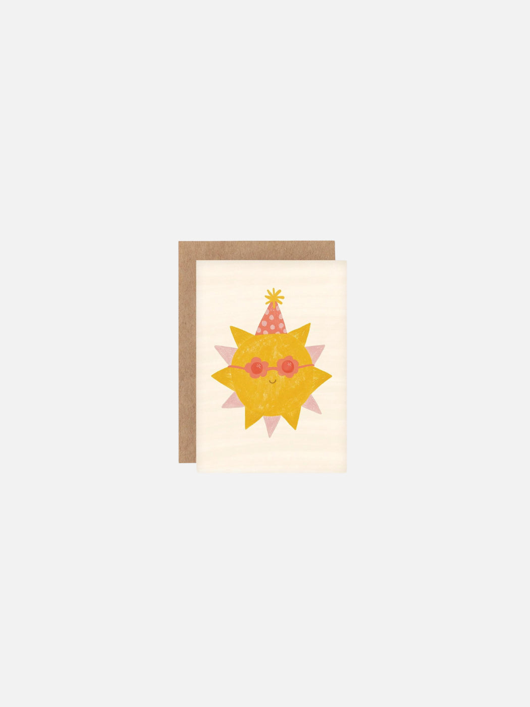 A mini greeting card with an illustration of a sun wearing sunglasses and a party hat