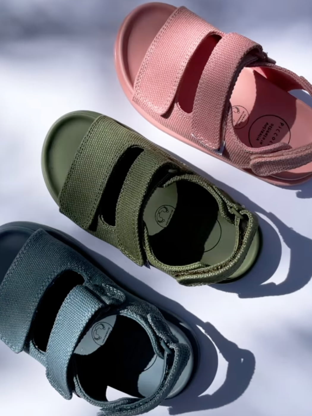 cotton sandals for kids with velcro straps in three different colours