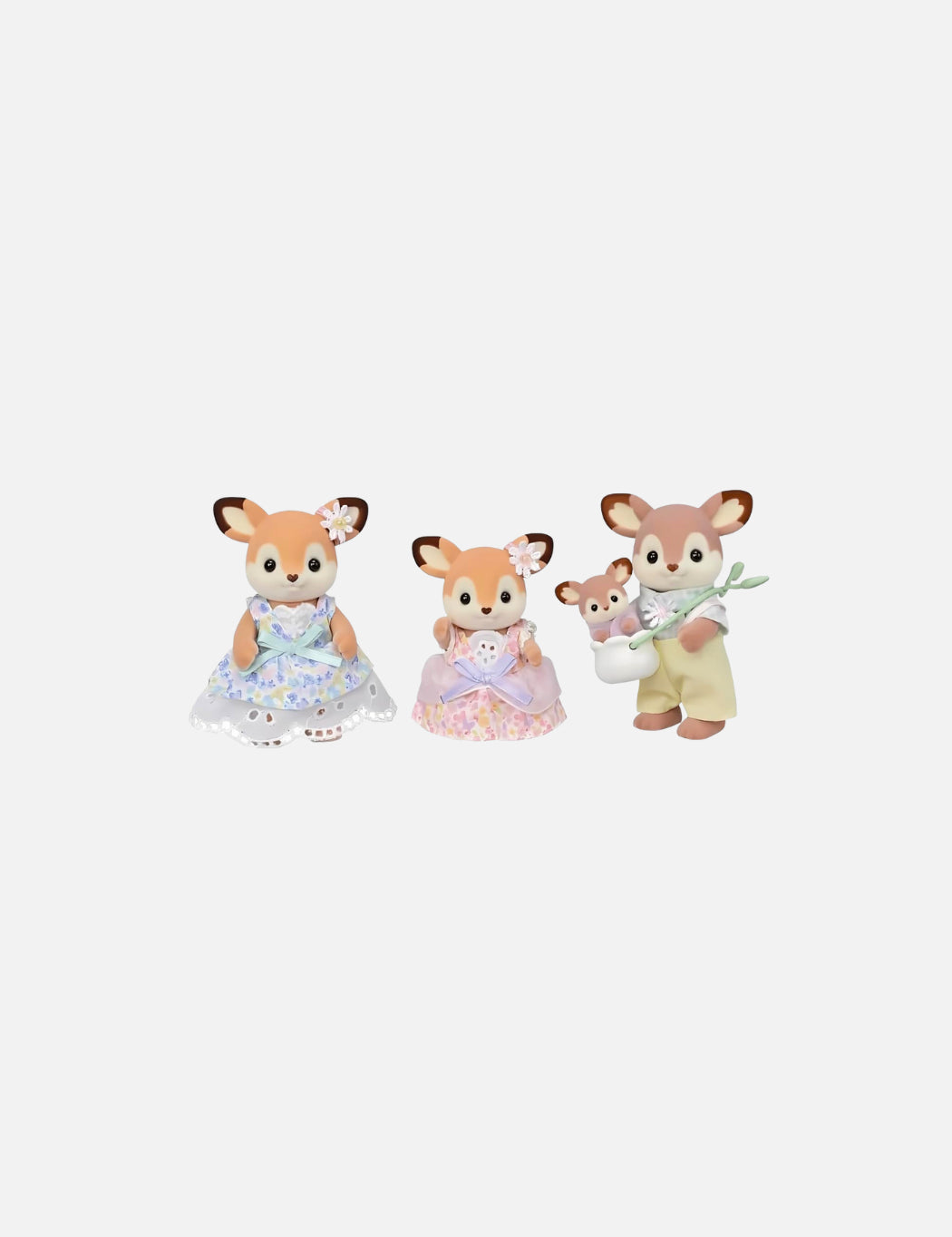 Set of four animal figurines with pastel clothing on a white background