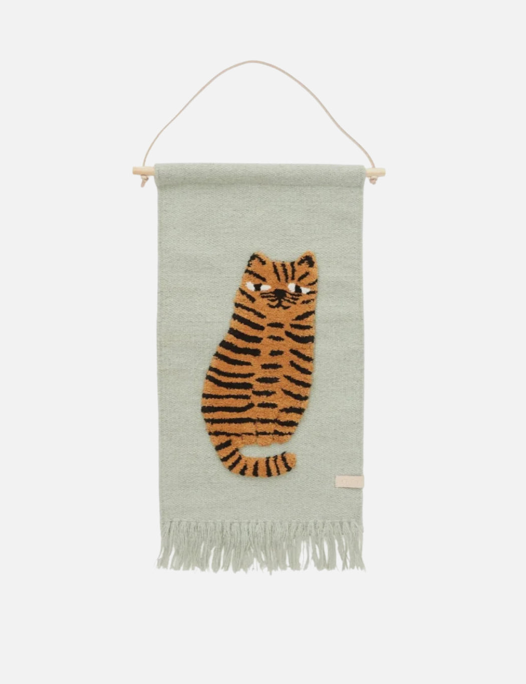 Woven wall hanging with a tiger design on a light green background